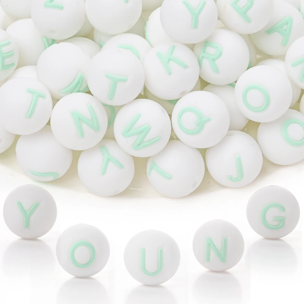 

10 шт. 15 мм силиконовые бусины с буквами алфавита ярко-зеленые круглые A-Z свободные бусины для DIY цепочки для сосок аксессуары для изготовления ювелирных изделий