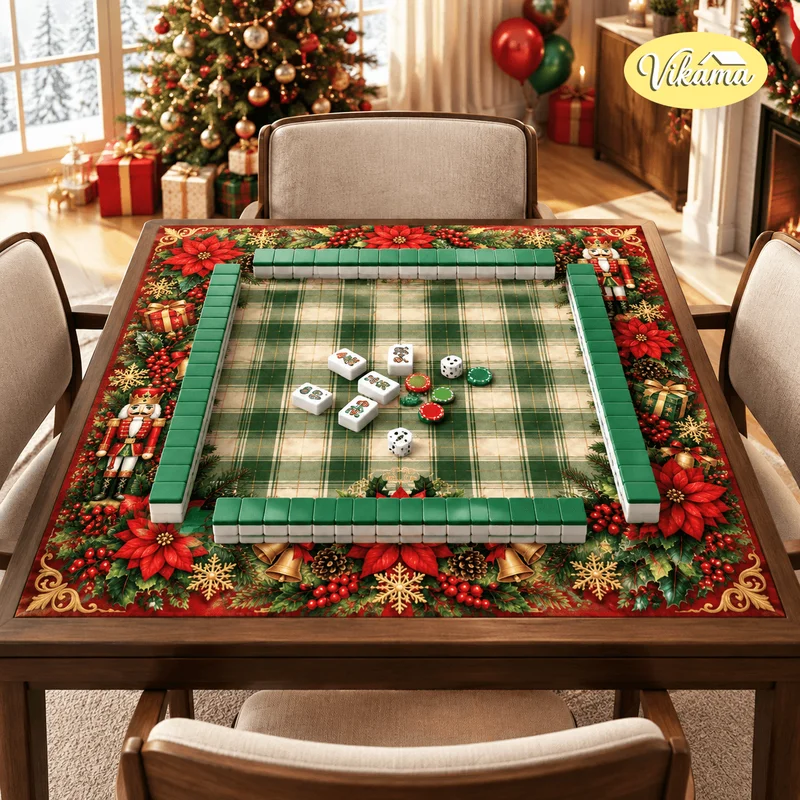 VIKAMA Light Green Plaid Nutcracker Soldier Bell Table Poker Cover Non Slip Board Game Christmas Game Felt Mahjong Table