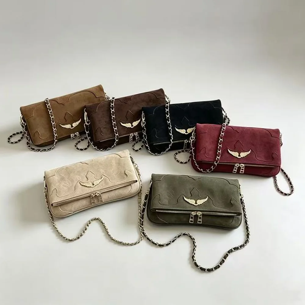 Retro French Women's Bag Chain Flip Cover Wing Clutch Single Shoulder Underarm Suede Envelope Bag Crossbody Square Bag