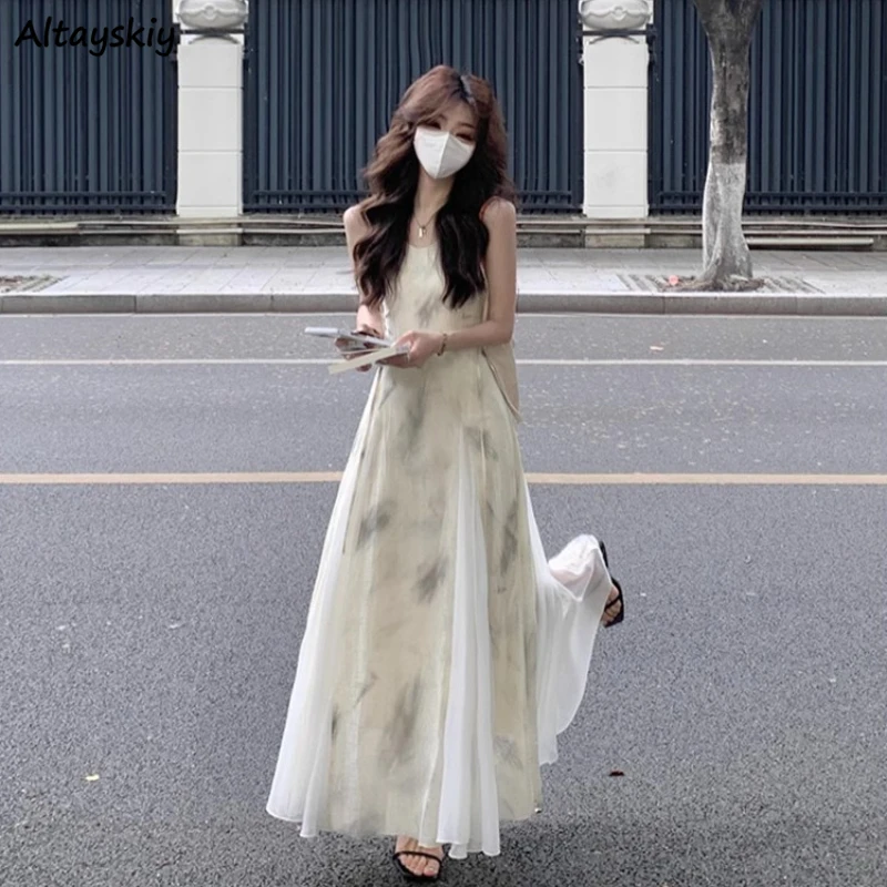 

Vintage Women Camisole Dress Printing Streetwear Literary Summer A-line Vestidos Temper Artistic Chinese Style Chic Ulzzang new