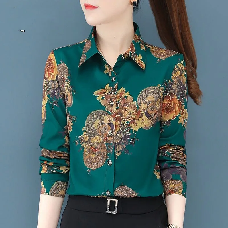 Spring and Autumn Women\'s Polo Collar Button Contrast Plant&Flowers Printing Single Breasted Long Sleeve Shirt Cardigan Tops