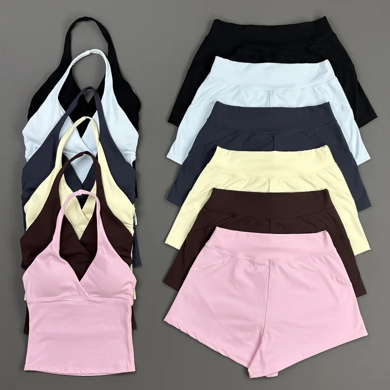 2 Piece Origin Training Shorts Set Women Halter V‑Neck Yoga Top High Stretch Breathable Bicycle Shorts Gym Running Workout Suit