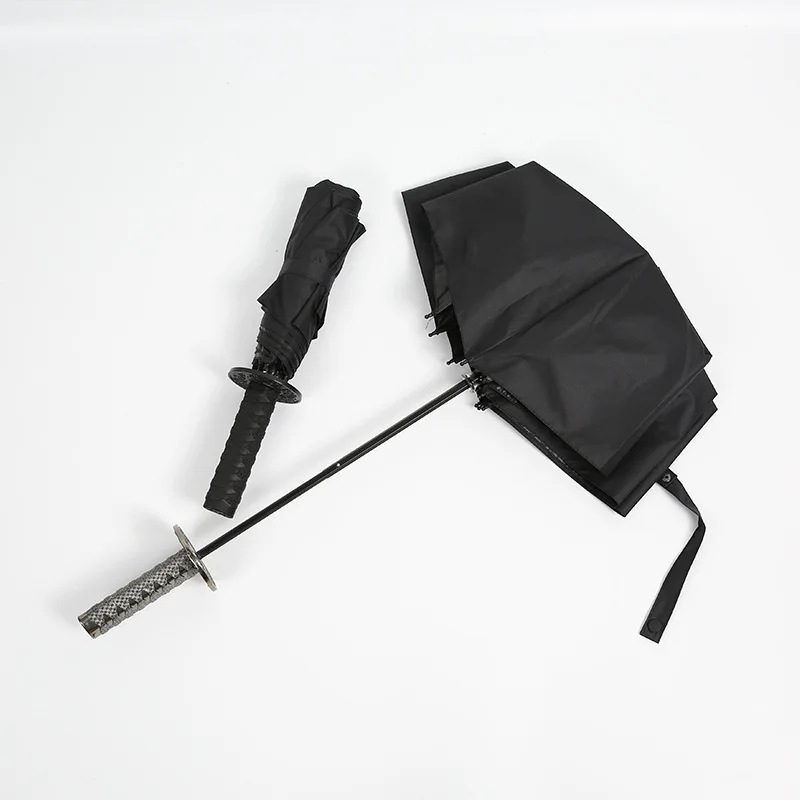 Naruto Cosplay Short Handle Umbrella Hand Movement Three Fold Umbrella Black Glue Anime Samurai Sword Handle Sunshade Umbrella