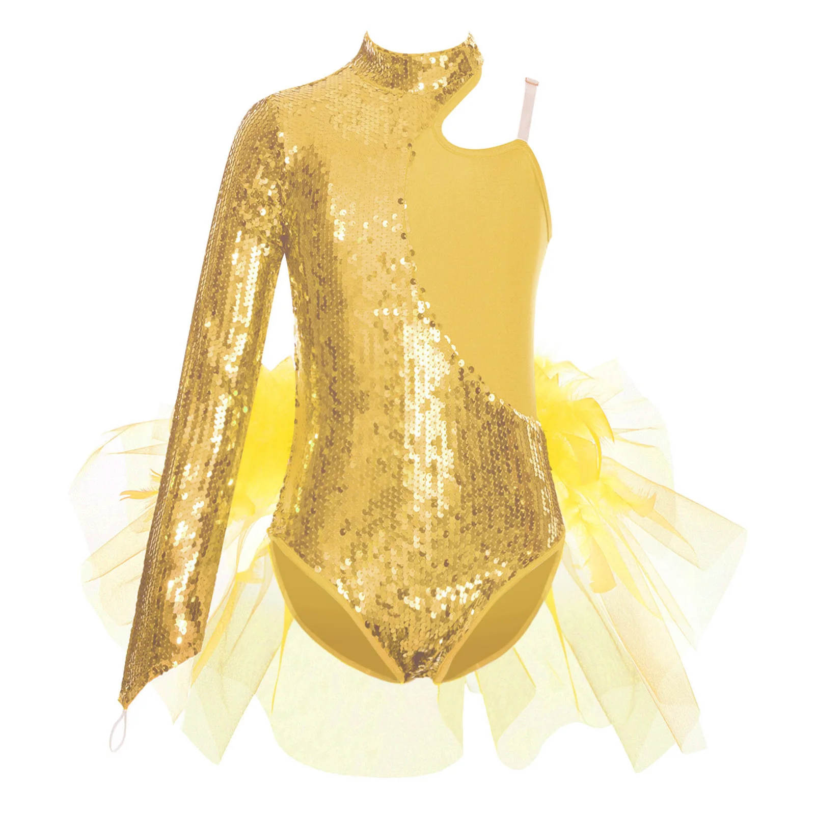 Fantasia de Dança Jazz para Meninas com Lantejoulas Brilhantes e Plumas, Vestido de Ginástica e Patinação Artística com Saia Tutu