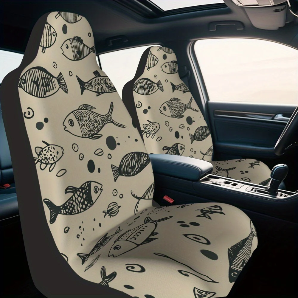 Set Of 2, Artistic Fish Drawing Inspired Car Seat Covers, Sturdy And Cozy, Fits Most Cars, Suvs, And Trucks, Enhances Vehicle In