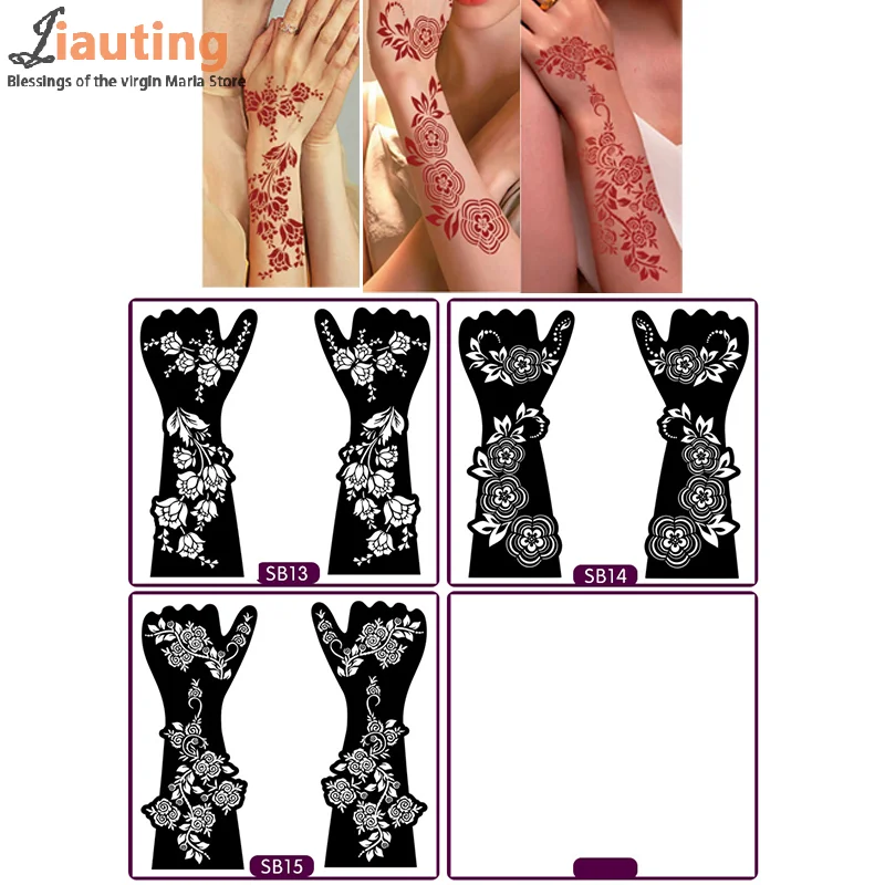 1Pair Black Hand Transfer Temporary Tattoo Stickers Hand Henna Tattoo Template For Women Body Painting Flowers Tattoo Stencil