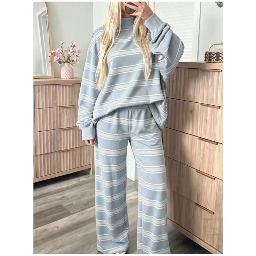 Women Fall Striped Mock Neck 2Piece Loungewear Set Loose Long SleeveTop Elastic Waist Wide Leg Pants Casual Home Matching Outfit