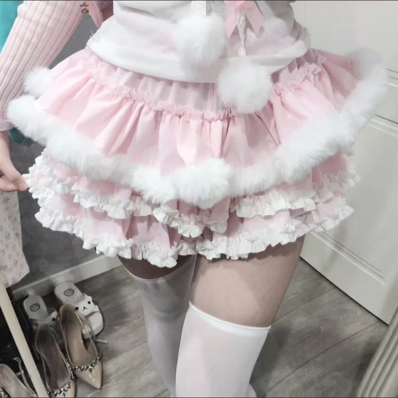 

Japanese Sweet Patchwork High-waist Short Skirt Women Japanese Kawaii Pink Lace Skirts Cute Girl Casual Lovely Lint Loose Skirt