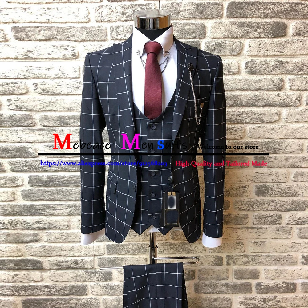 

Classic Black Plaid 3 Pieces Men Suit Slim Fit Business Men Clothing Fashion Groom Wedding Party Prom Dress Veste Costume Homme