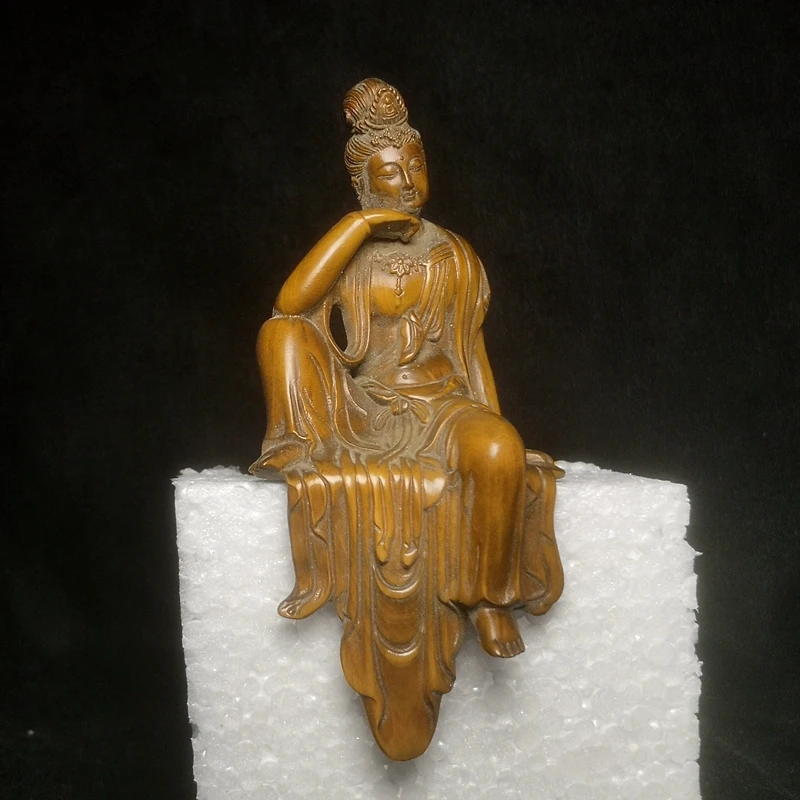 1919 Antique art Size 2.6 Inch Old Chinese Boxwood Wood Hand Carved Avalokitesvara Kwan-yin Figure Statue Decoration Collection