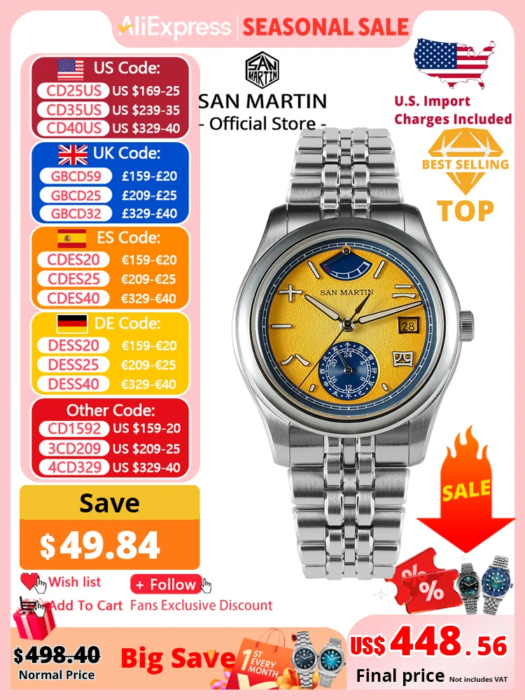 

San Martin 39mm Miyota 9132 Power Reserve Display Men Luxury Sport Watch Automatic Mechanical Waterproof Original Design SN0144