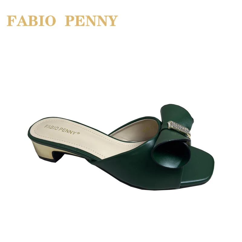 FABIO PENNY new bow design solid-color elegant party ladies\' low-heeled slippers and dinner party mid-heeled sandals