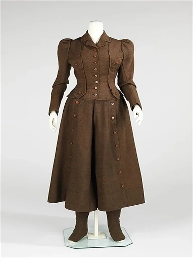 1890s Women's Historical Brown Wool Cycling Costume Retro Victorian Renaissance Gothic Dress