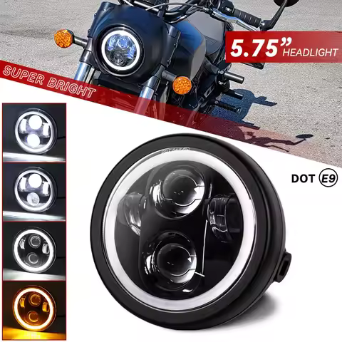Headlight 5.75 Inch Black Halo Angel Eyes LED For Harley Sportster 1200 883 Street Softail Dyna 5-3/4" Projector Round Headlamp