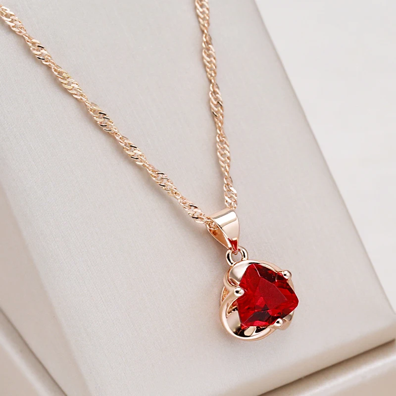 Kinel New Romantic Red Natural Zircon Necklace For Women 585 Rose Gold Luxury Couple Gift Simple Pendant Daily Fine Jewelry