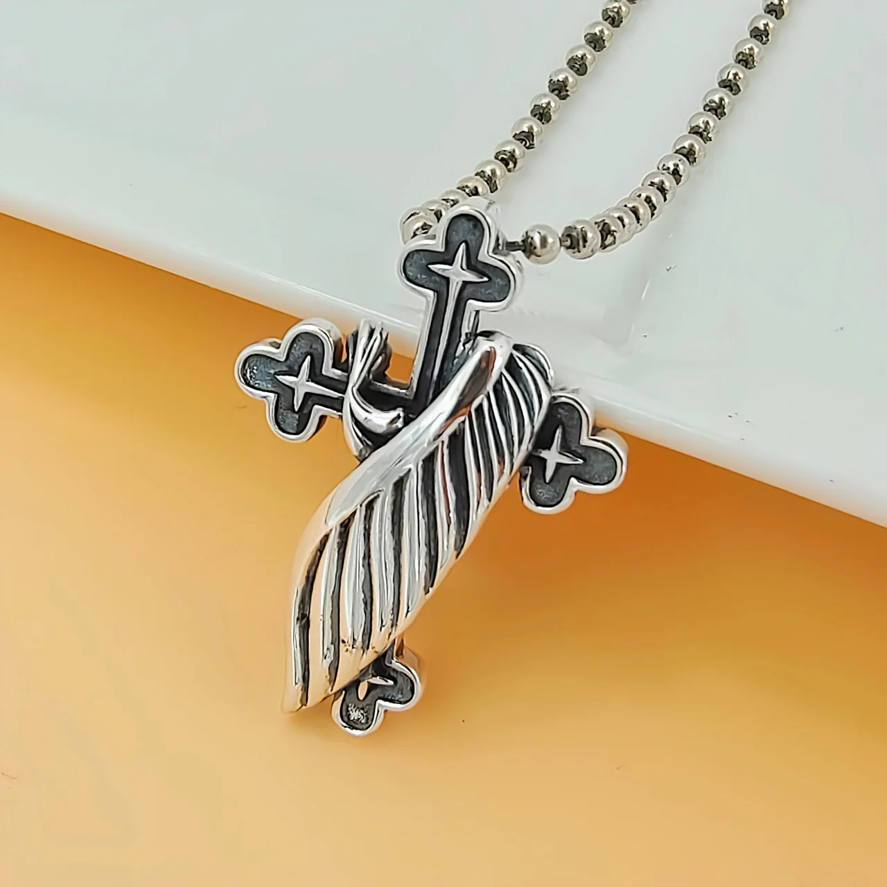 

S925 sterling silver men's fashionable freedom wings cross pendant hip hop style punk retrosweater chain accessories