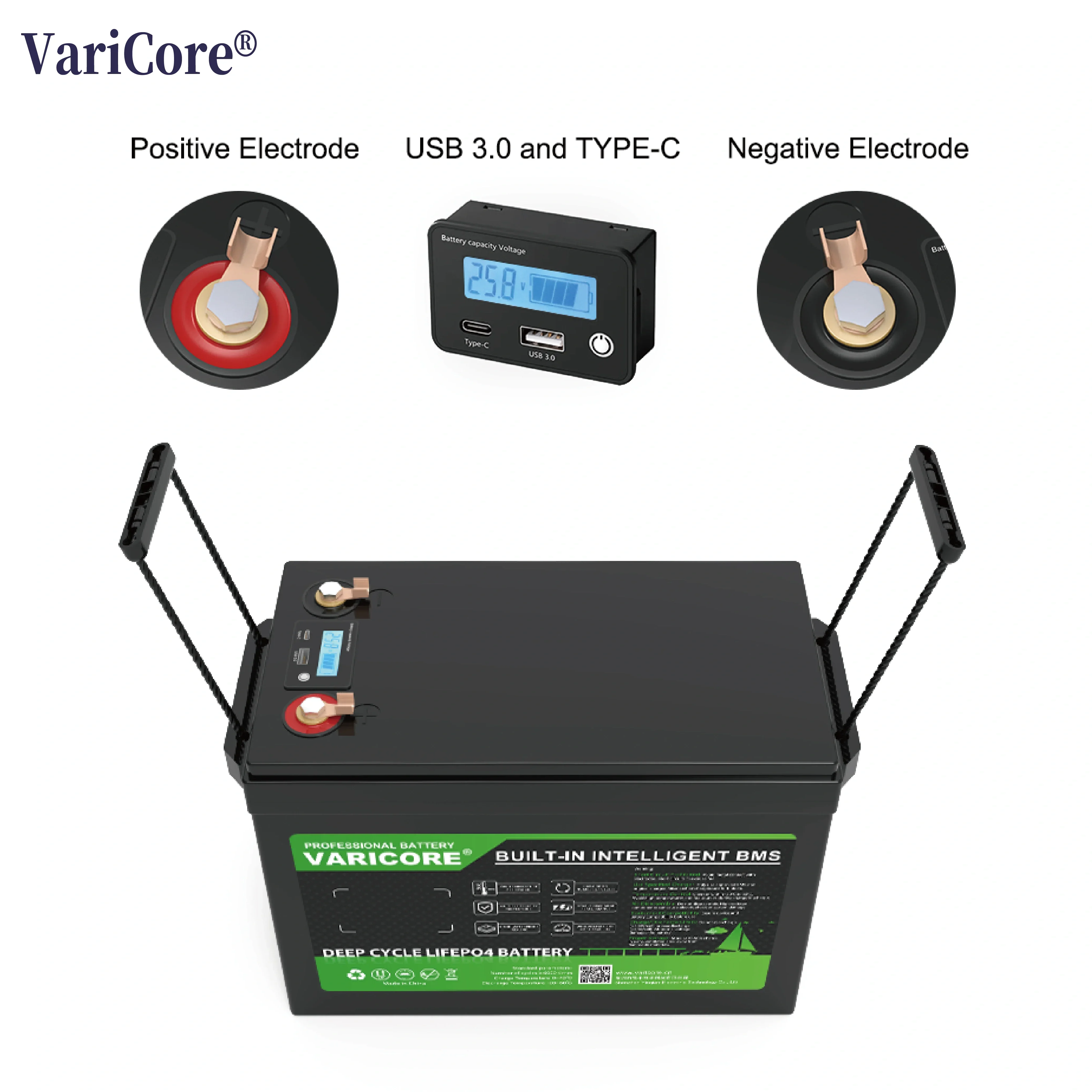 Varicore nova bateria lifepo4 de 8 cordas 24v 100a baterias de isqueiro de carro de fosfato de ferro de lítio acampamento energia solar 29.2v 5a carregador