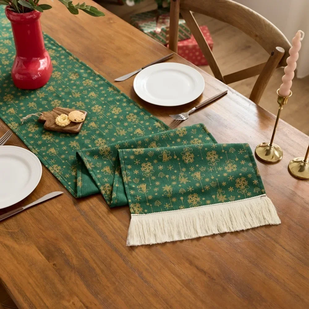 1Pcs Table Runner |Woven Dark Green with Gold Pattern, Fringe |Reusable Tabletop Protection |Xmas Family Party |Rustic Farmhouse