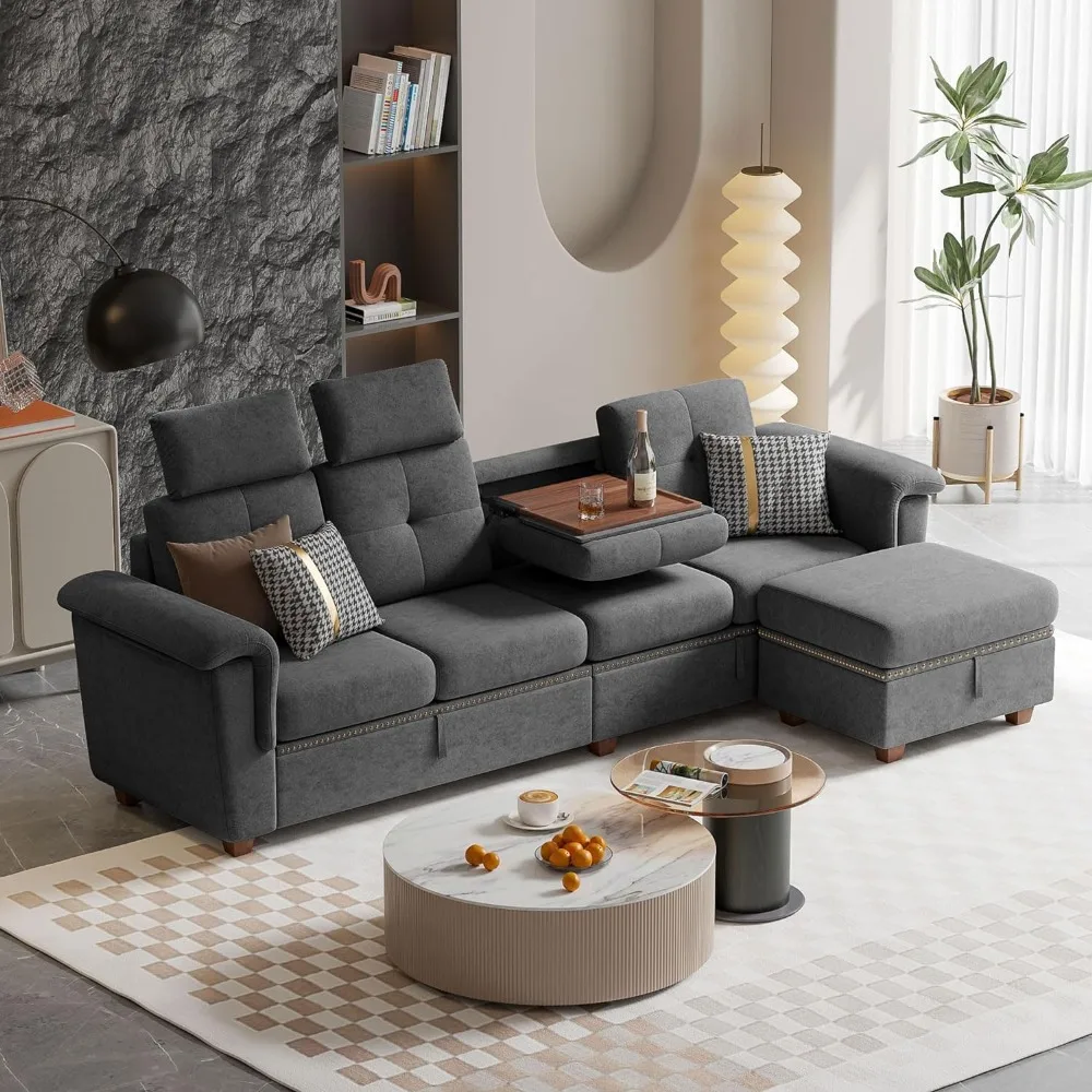 

Convertible Sectional Sofa with Storage,4 Seat L Shaped Couch with Chaise and Cup Holder, Modern Microfiber Fabric Sofas Couches