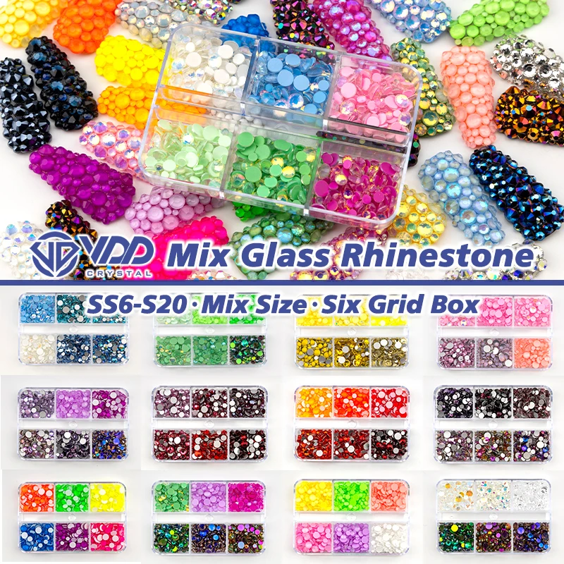 VDD Mix Size nuovo Set di colori Nail Art Box SS6-SS20 Strass di cristallo di vetro Flatback Glitter Strass pietre decorazioni artigianali fai da te