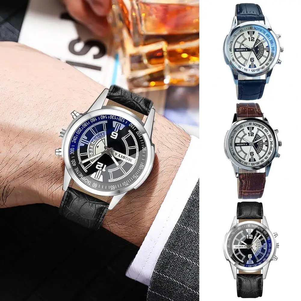 Men Quartz Watch Round Dial Alloy No Delay Adjustable Faux Leather Strap Time-checking High Accuracy Wristwatch