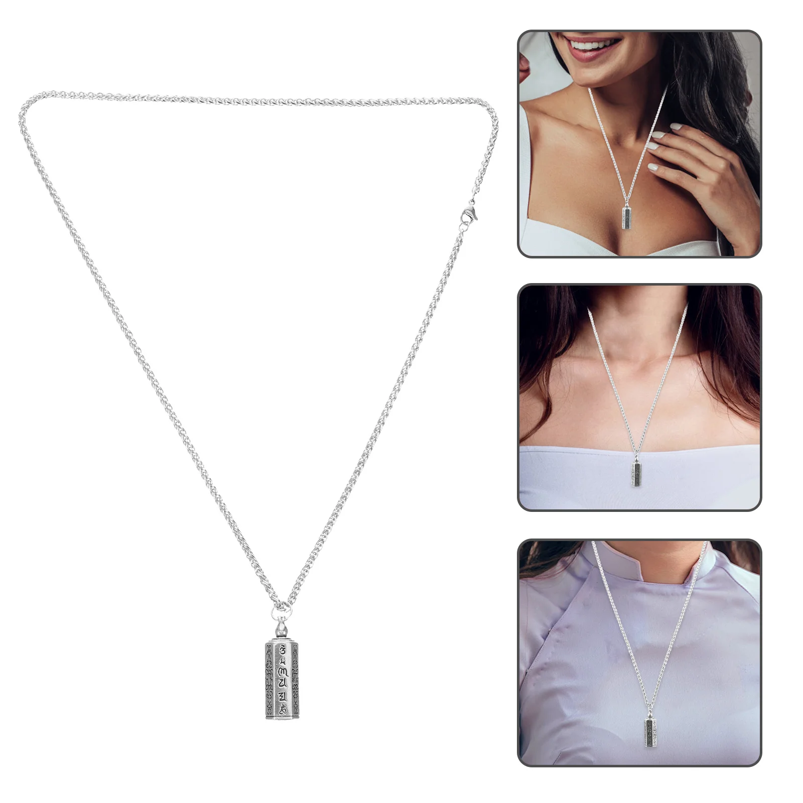 

Pendant Necklace Silver Plated Copper Container Amulet Six-Character Buddhist Charm Essential Oil Diffuser Vial