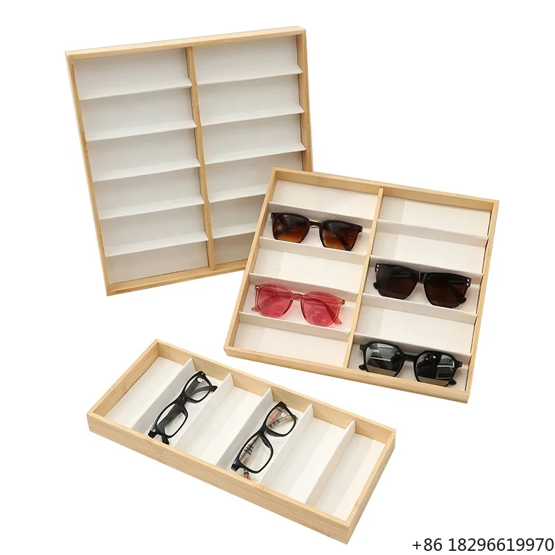 Bamboo Wood Glasses Tray with Velvet Sunglasses Display Case Eyeglass Box Multiple Slot Sun Glasses Storage Box