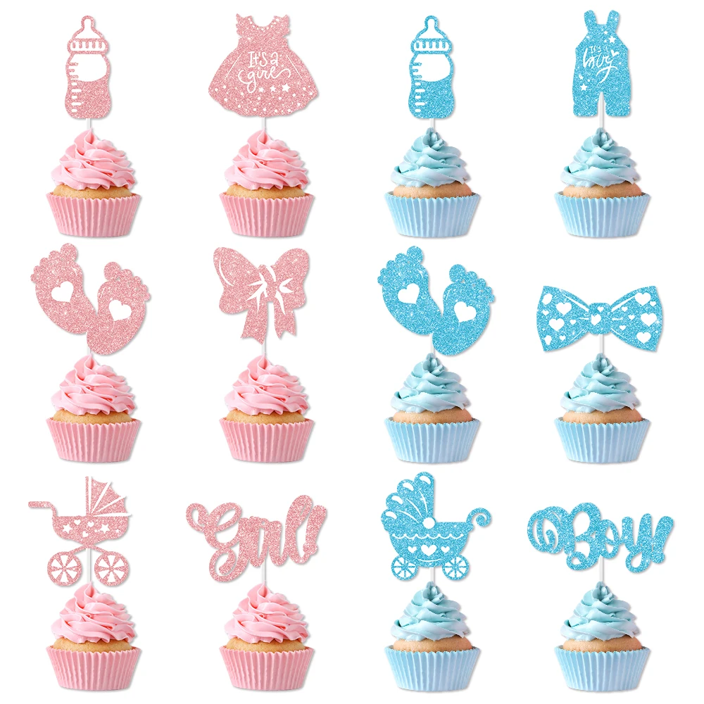 

12/24pcs Boy or Girl Cupcake Toppers Glitter Feet Onesie Dress Gender Reveal cake picks Cake Decoration Baby Shower kid birthday