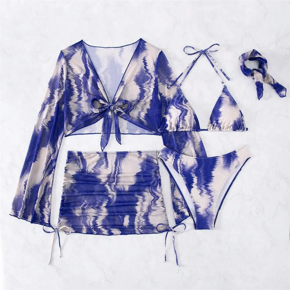 Sexy Gradient Blue Bikini Vintage Tie Dye Mesh Cover-Up Beach Swimwear 5piece Long Sleeve Bandage Swimsuit Women Vacation Outfit