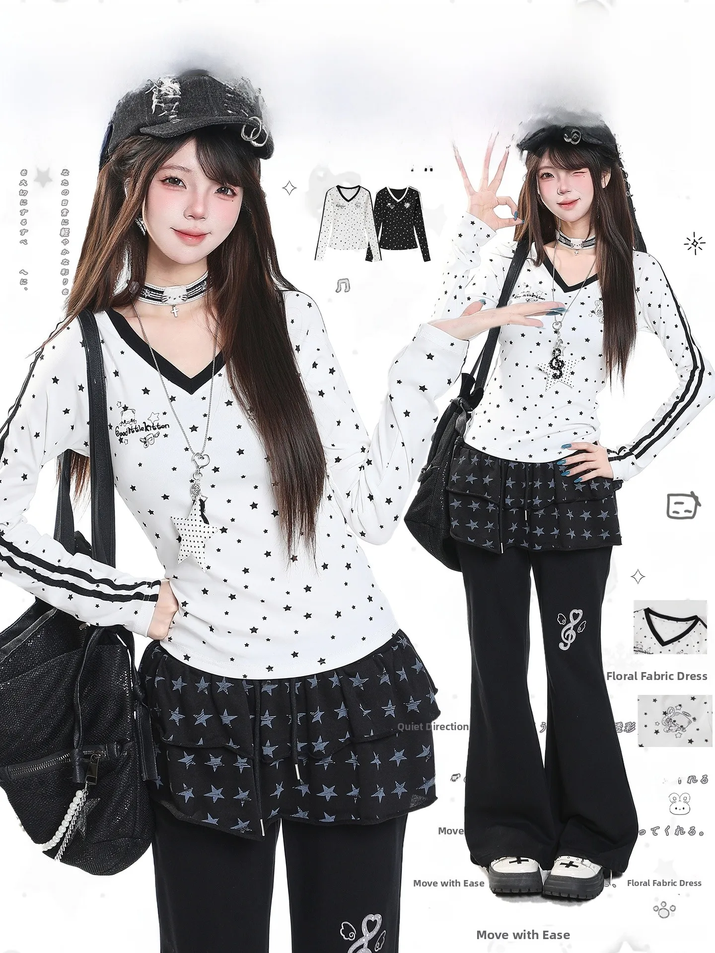 Retro American Star Print Striped V-Neck Long Sleeve Women's T-Shirt Slim Fit Short Style Autumn Fashionable Top