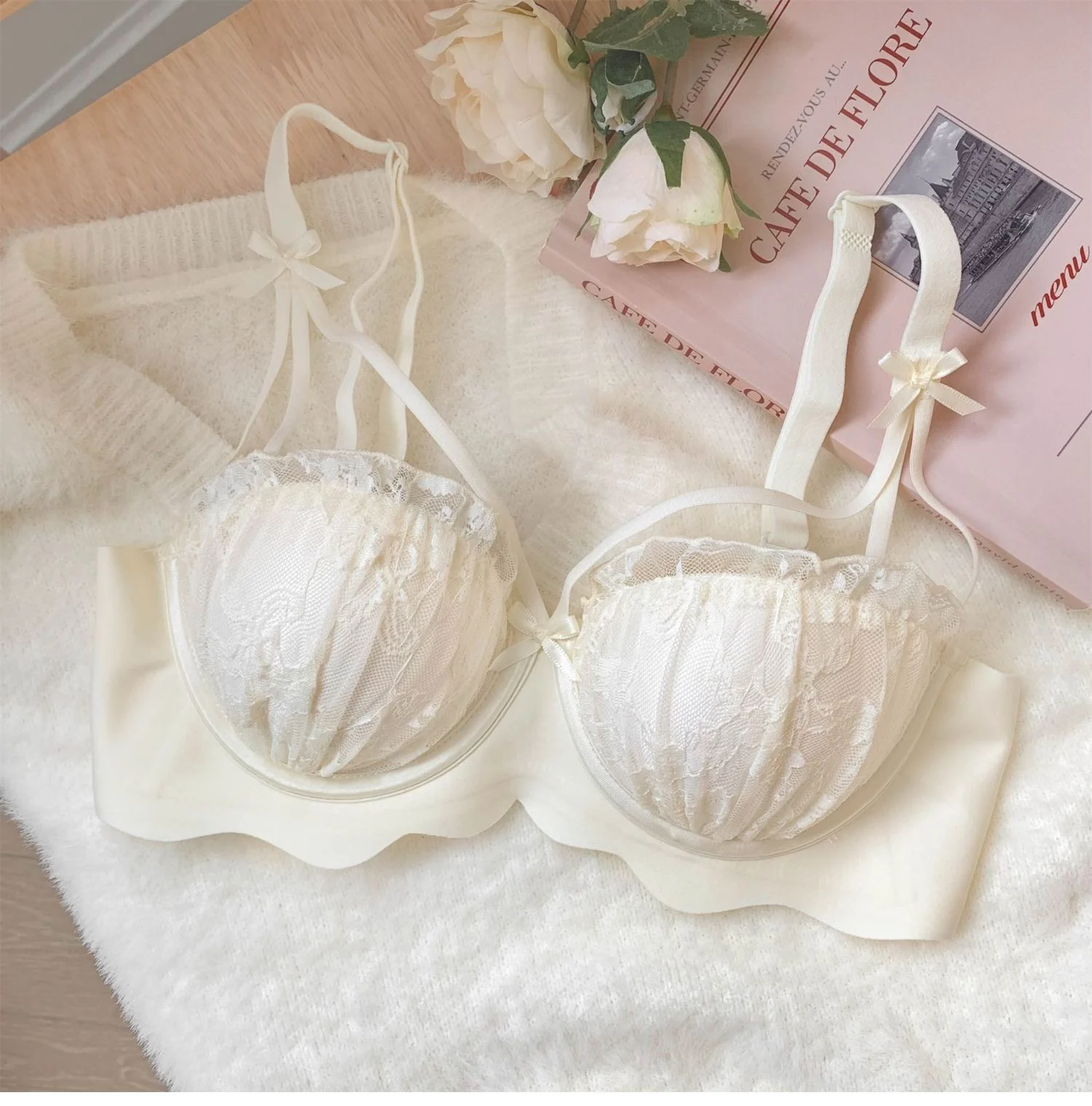 Kalapaopao Push-up Gather Lace Bra Summer Must-have No Trace No Steel Ring Double U-shaped Soft