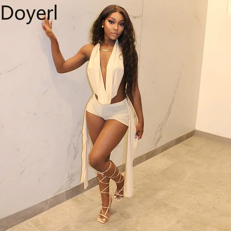Doyerl Сексуальный клубный вечерние комплект из 2 предметов для женщин Rave Festivals Outfit Холтер с глубоким v-образным вырезом и открытой спиной Укороченный топ и шорты Одинаковые комплекты