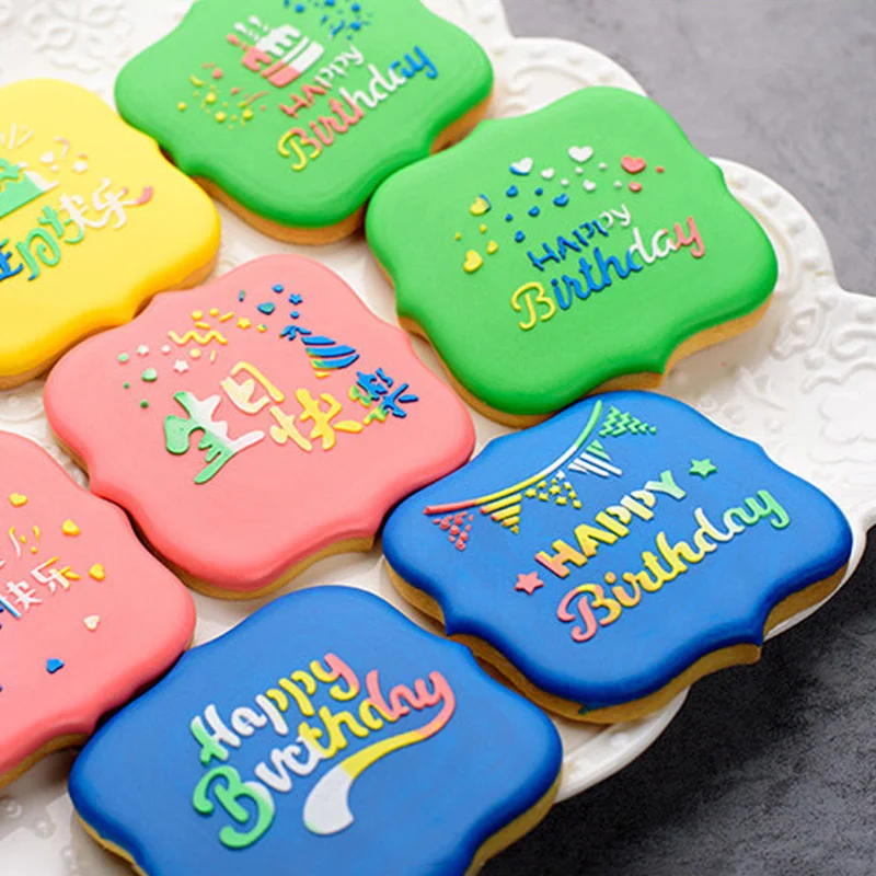 Fondant Cookie Spray Stencil Happy Birthday Cookie Embosser Template Baby Shower Party Frosting Dessert Hollow Decorating Tools