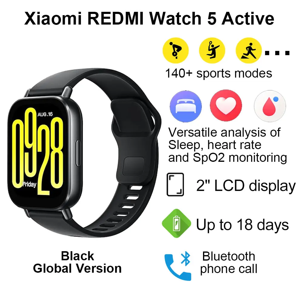 Nieuwe Xiaomi Redmi Watch 5 Active Smartwatch, 2 inch LCD-scherm, hartslag- en zuurstofmeting de hele dag, Bluetooth-oproepen.