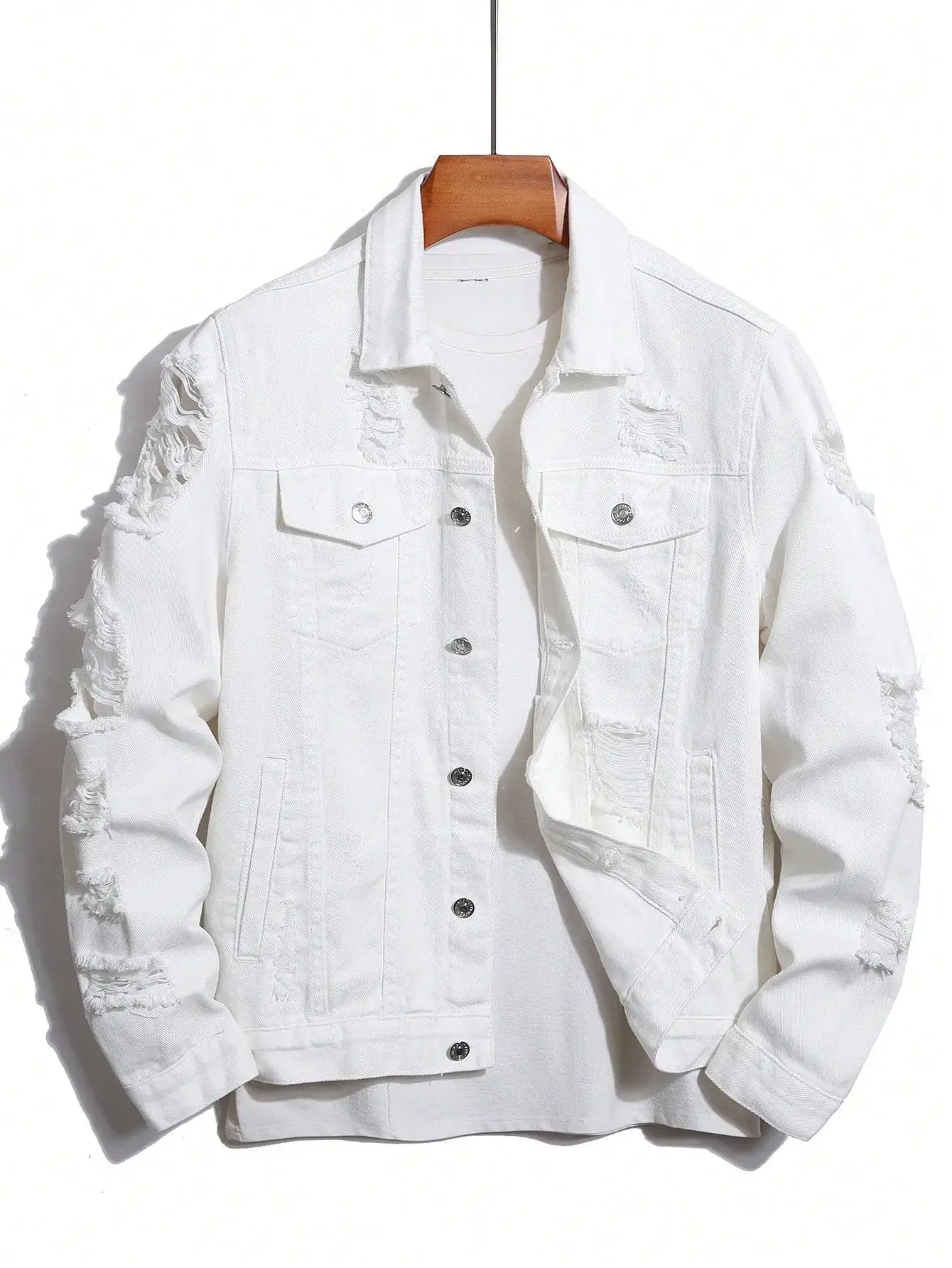 

Pop Men's Denim Jacket For Spring And Autumn. White Denim Ripped Jacket. Street Trend Fashion. Daily Casual.
