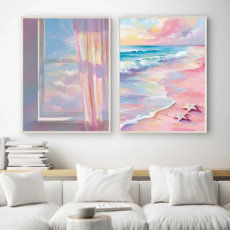 الوردي حالمة نافذة زهرة سحابة الشاطئ المراعي المشهد الفن الملصقات قماش الطباعة غرفة نوم المنزل الجدار الديكور اللوحة #3