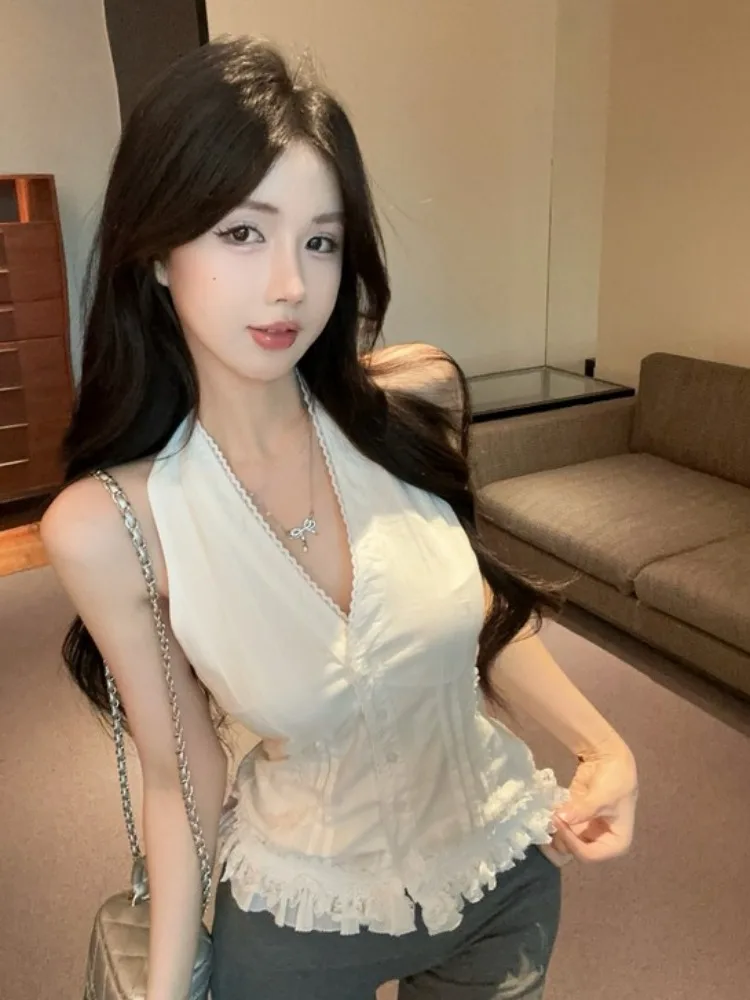 

White Lace Splice Backless Neck Hanging Vest Women's Summer Design Slimming Sleeveless Top Korean Style Commute Fashion