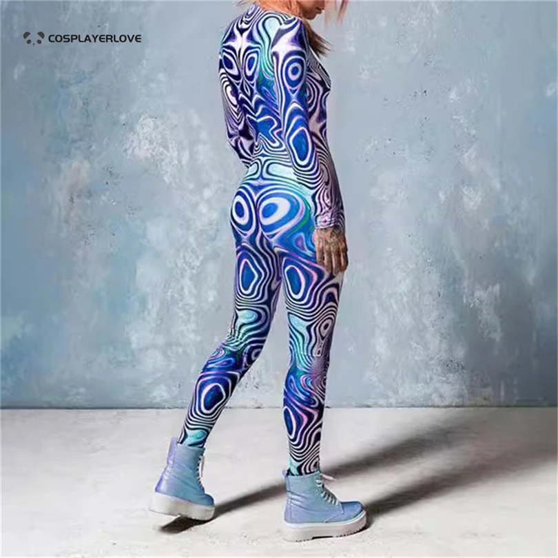 Costume de Cosplay Clown Bleu Violet pour Femme, Combinaison d'Halloween Sexy, Imprimé en 3D, Carnaval, Zentai, Batterie, Tenue Féminine