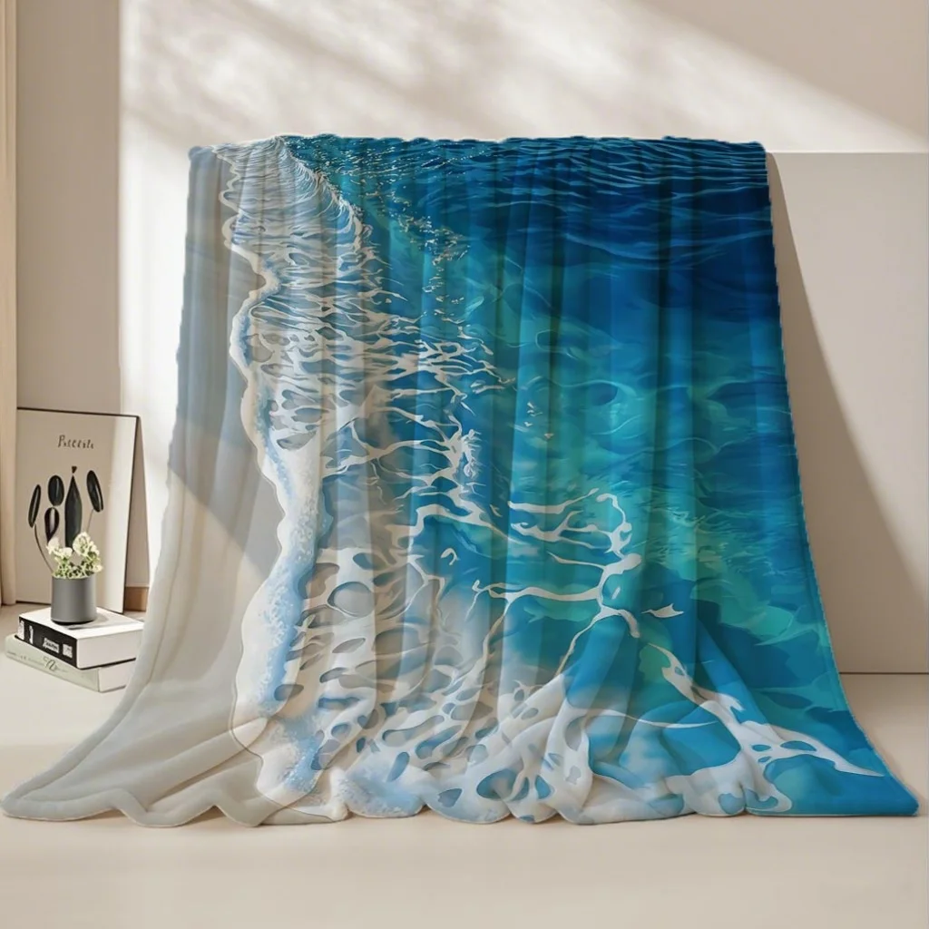 1pc Watercolor Painting Featuring Waves, Foam, And a Turquoise Beach, Printed on a Plush Fleece Blanket. Soft And Warm, Suitable
