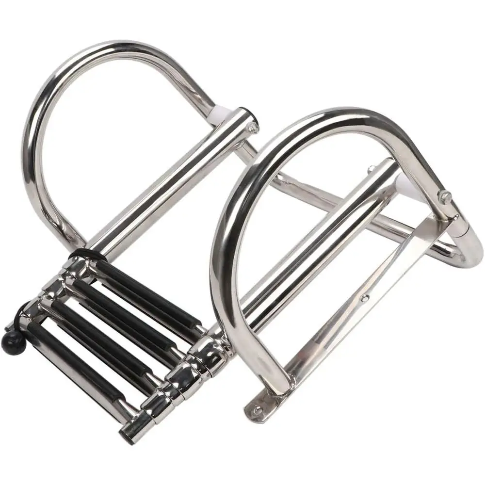 Telescoping Rear Entry Inboard Ladder, Heavy Duty Custom Swim Deck Ladder with Wider Pedal and Handrails (4 Steps)