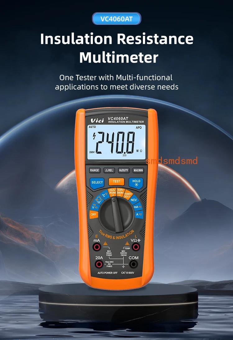 VC4060AT True RMS 2-in-1 Insulation Resistance Tester & Multimeter, 6000 Counts, 2GΩ@1000V, Temp, NCV, Voltage, Capacitance