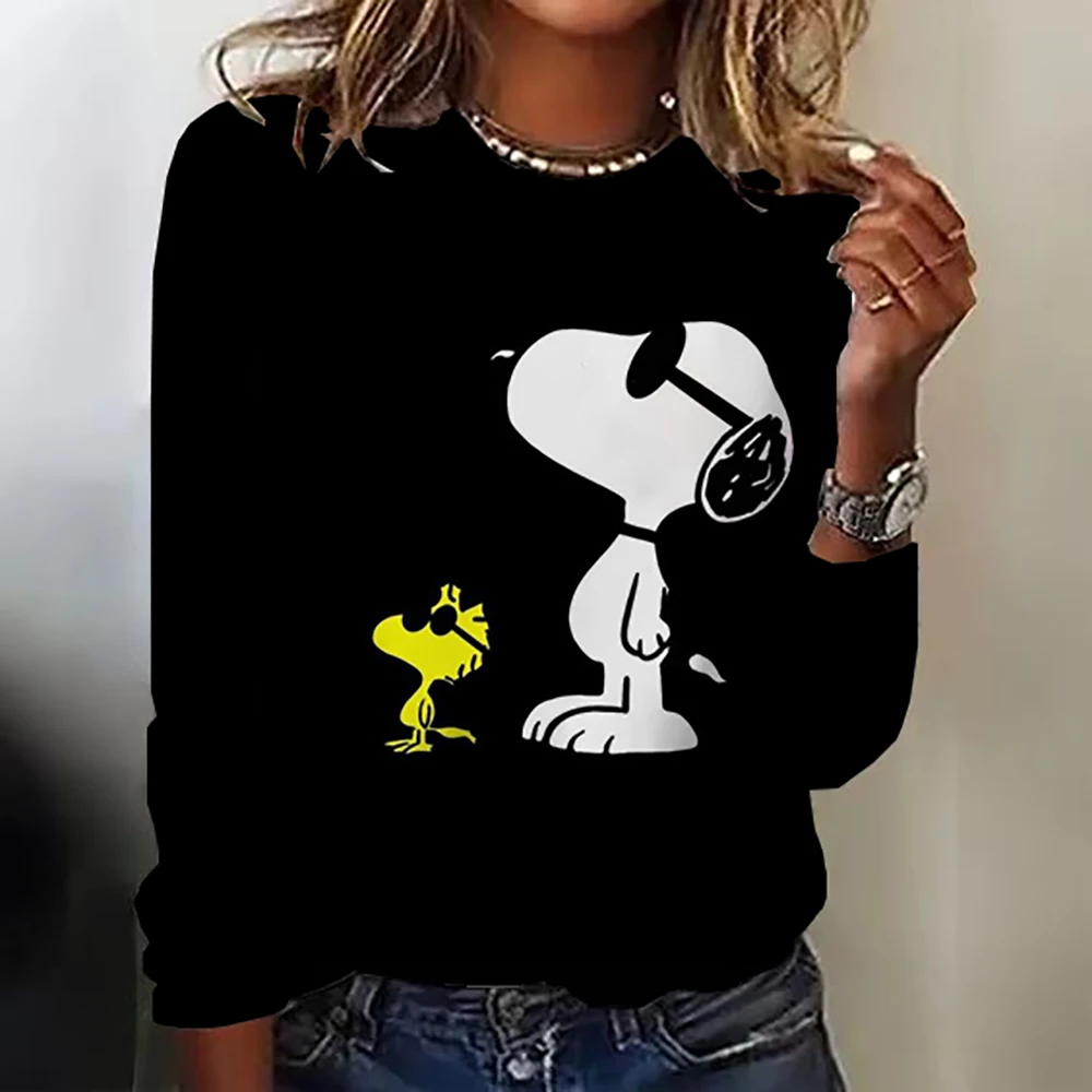 Letter &Snoopy print T-shirt, Casual Long Sleeve Crew Neck T-shirt For Spring & Summer, Women\'s Clothing