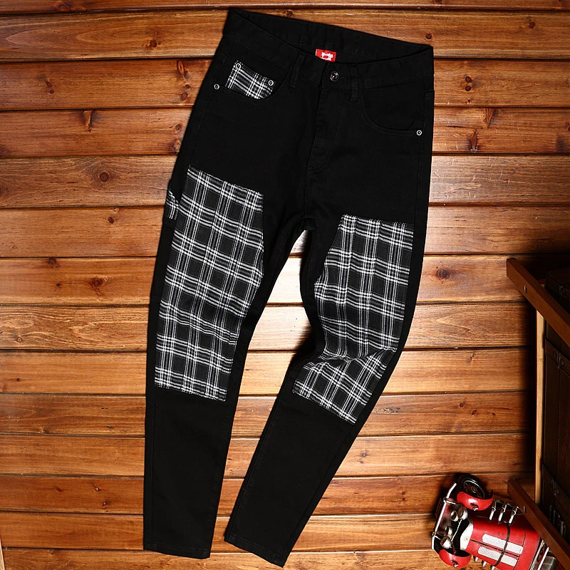 Plaid Patchwork Jeans Men's Black Personalized Trendy Casual High-End Youth Straight Stretch Fashion Korean Style Trousers