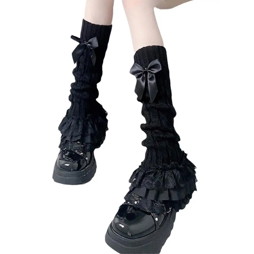Japanische Damen-Strickbeinwärmer mit Schleife, gestufte Rüschensocken, Mädchen-Lolita-Socken, Wadenlange T-förmige Spitzen-Beinwärmer für Damen – Detail 13