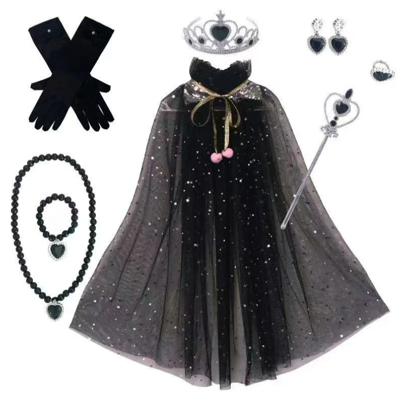 Midnight Starry Sheer Mesh Cloak Accessory Kit Toddler Gothic Black Heart Crown Scepter Beaded Long Gloves Holiday Party Outfit