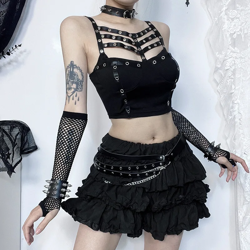 2024 Summer Dark Punk Style Camisole Personalized Hollowed Out Layered Top Sexy Exposed Navel Metal Ring For Street Wear