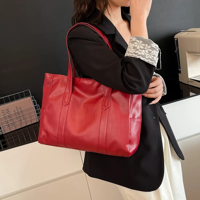 Vintage-Leder-Umhängetasche, geräumige Casual-Tragetasche mit zwei Griffen, Alltagstasche für Frauen, vielseitige Handtasche – Detail 6