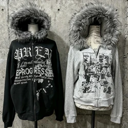 Subculture Faux Coats Women Graphic Jacket with Hooded Fleece Fur Hoodie Edgy American Retro Street Style and Y2K Fashion Top