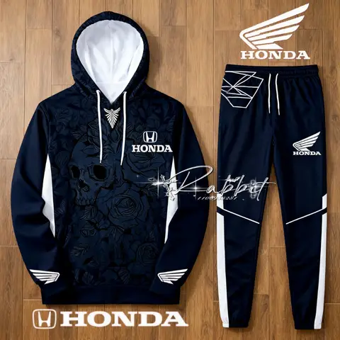 2026 패션 디자인 신형 혼다 레이싱 사이클링 세트 해골 장미 패턴 스페셜 에디션 모토 따뜻한 후디 팬츠 투피스 세트