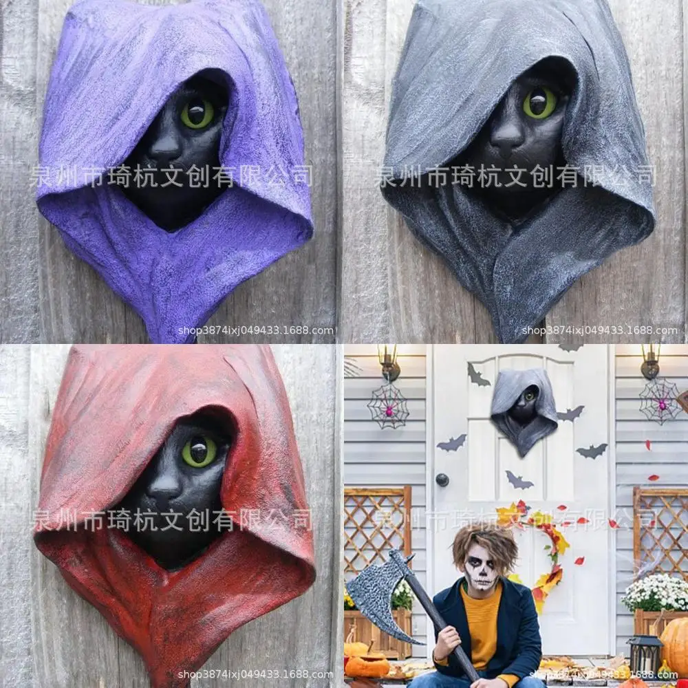 Halloween New Arrival Mysterious Black Cat Hooded Wizard Sculpture Creative Resin Craft for Living Room Foyer Wall Decoration